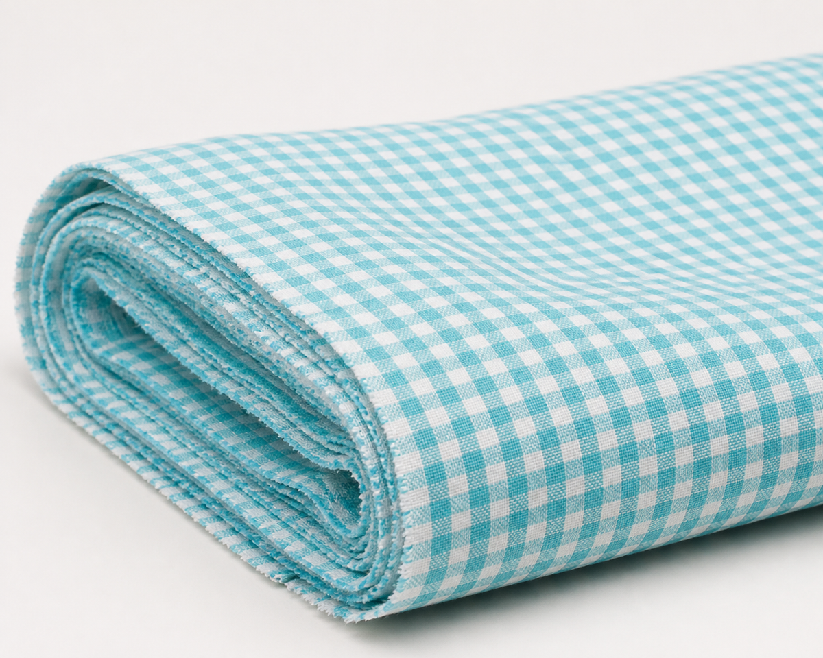 Illustration of turquoise and white gingham fabric.