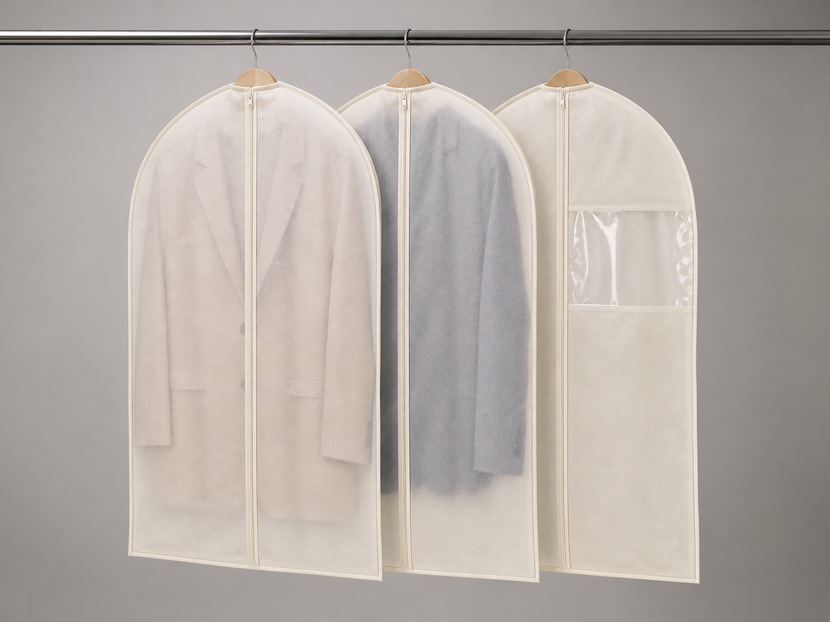 Illustration of a set of three garment bags.